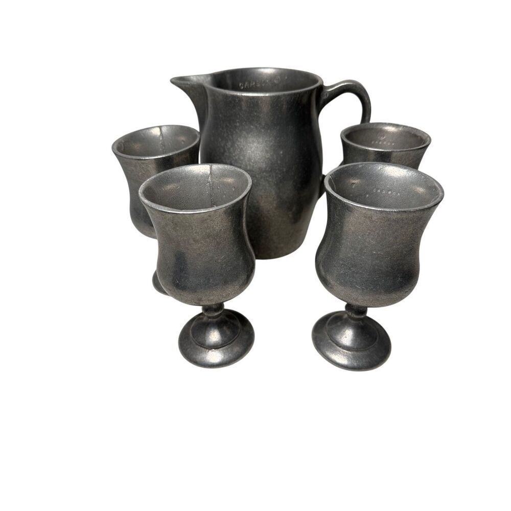 Carson Vtg pewter water pitcher & 4 water goblets   #M-1844